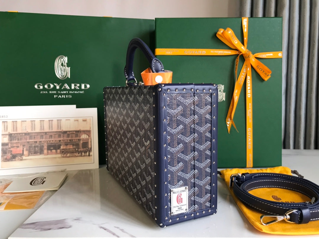 GRAND H_TEL TRUNK BAG 24 IN NAVY BLUE GOYARDINE CANVAS AND CALFSKIN