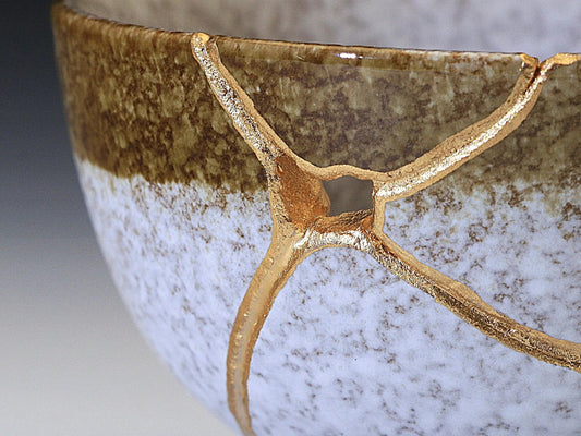 Medium Brown and White Kintsugi Bowl with Texture