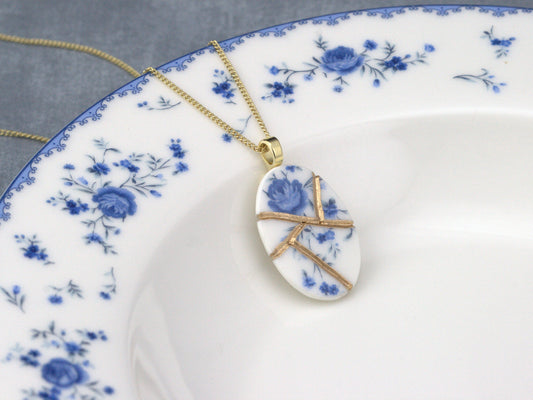 Soft Blue Floral Kintsugi Necklace