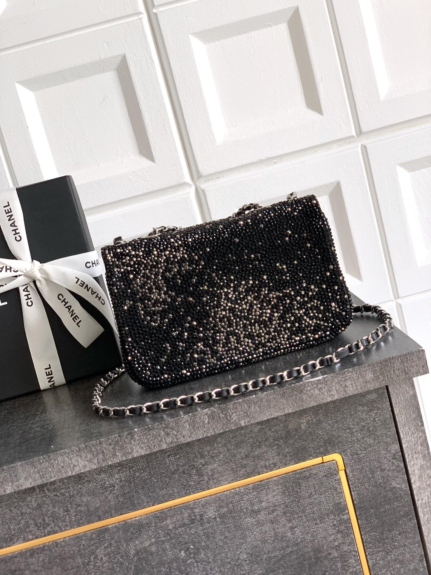 CC Classic Flap Bag 20cm Full Diamond Black Calfskin