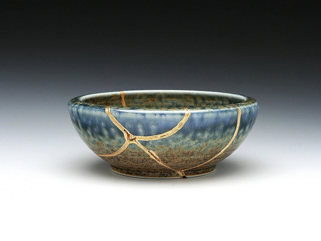 Medium Brown and Blue Kintsugi Bowl