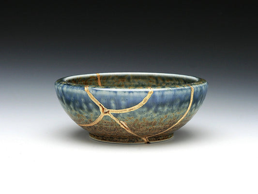 Medium Brown and Blue Kintsugi Bowl