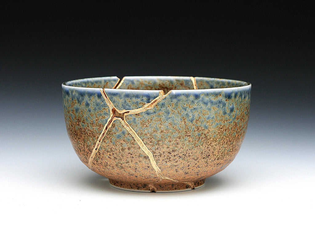 Large Brown and Blue Kintsugi Bowl