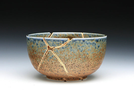 Large Brown and Blue Kintsugi Bowl