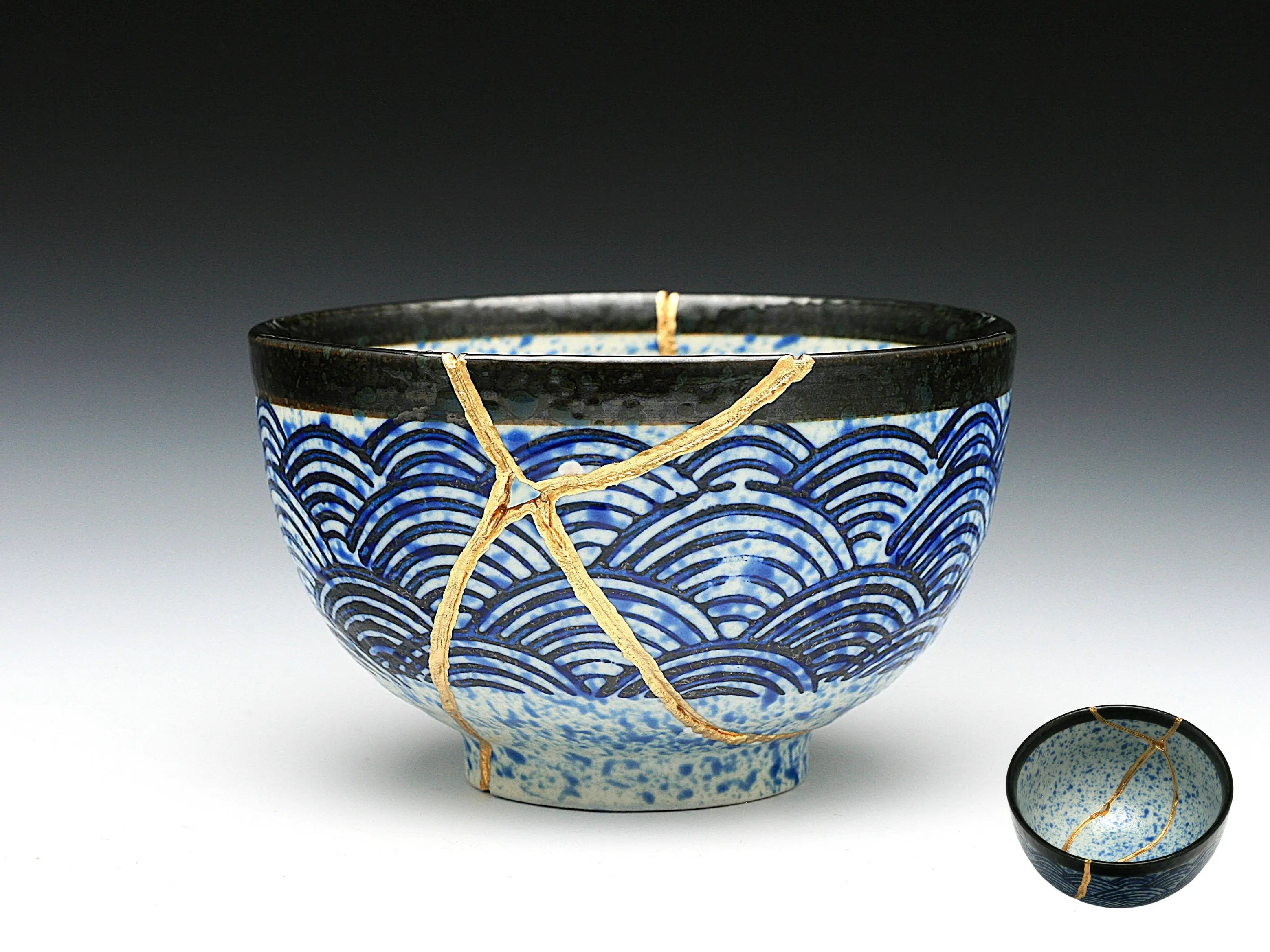 Medium Blue and White Kintsugi Bowl with Aranami Pattern