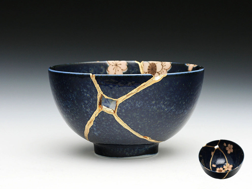 Medium Dark Blue Kintsugi Bowl with Sakura Pattern