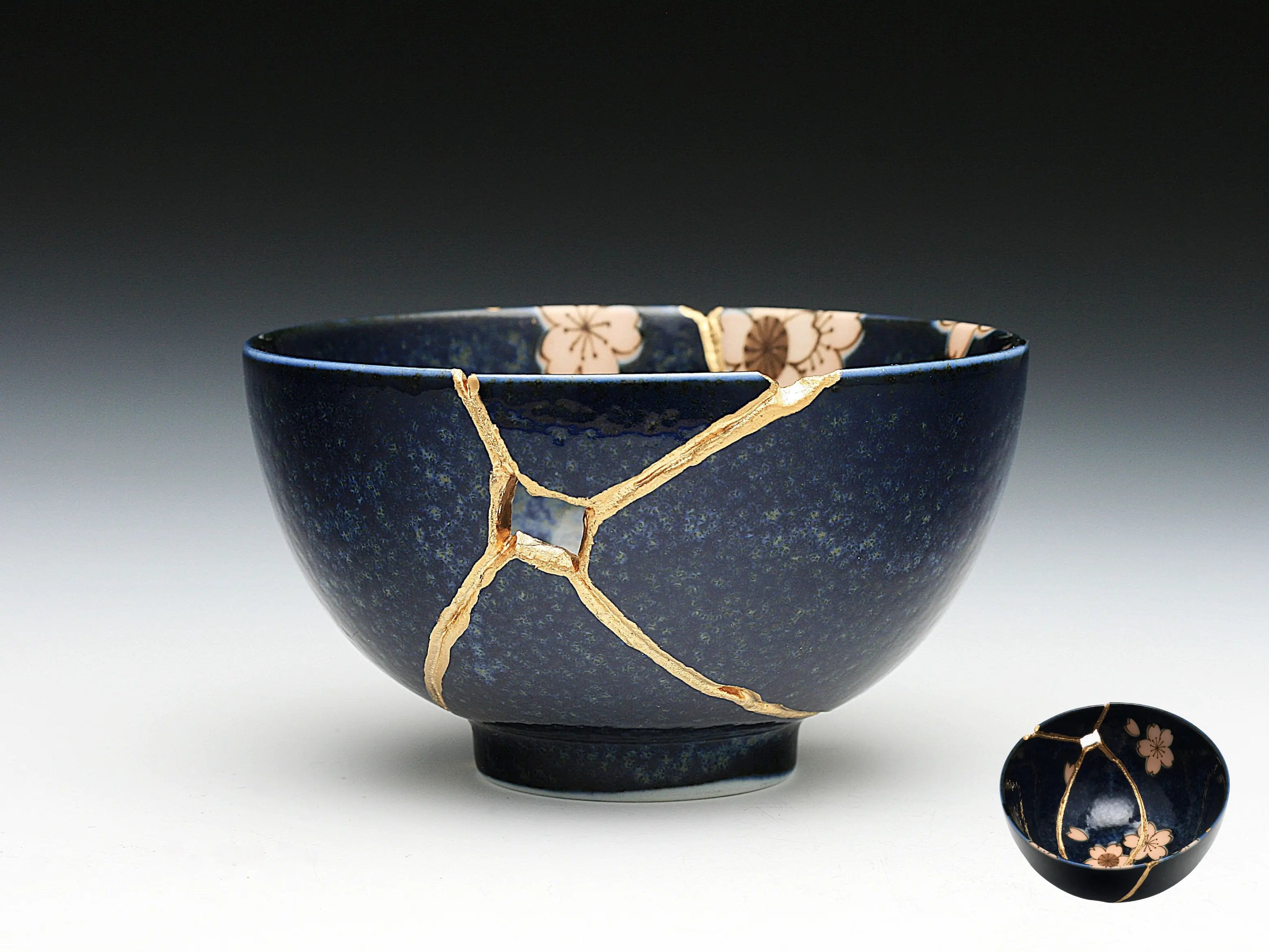 Medium Dark Blue Kintsugi Bowl with Sakura Pattern
