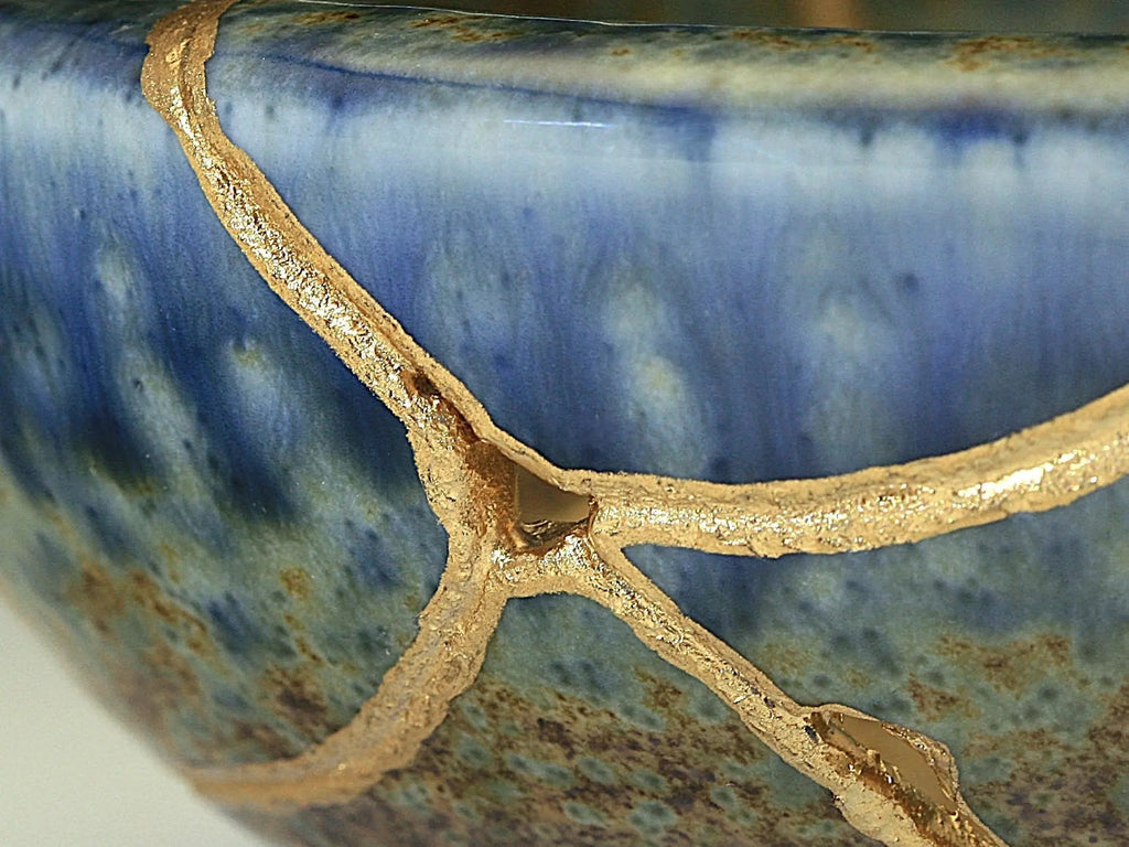 Medium Brown and Blue Kintsugi Bowl