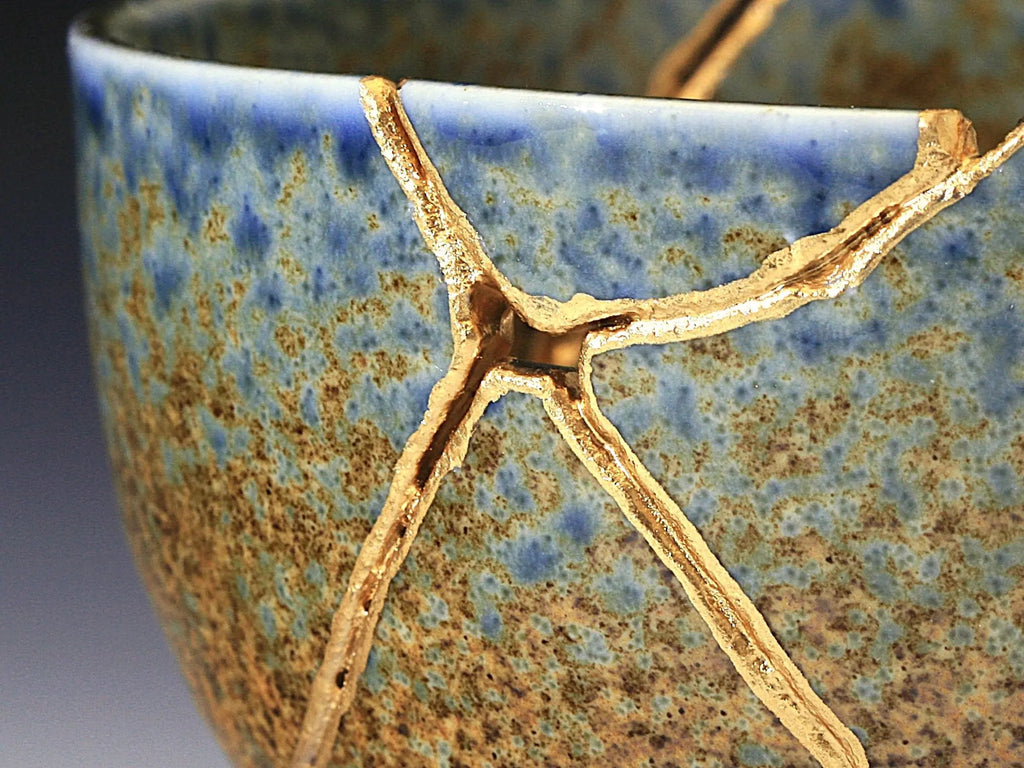 Large Brown and Blue Kintsugi Bowl