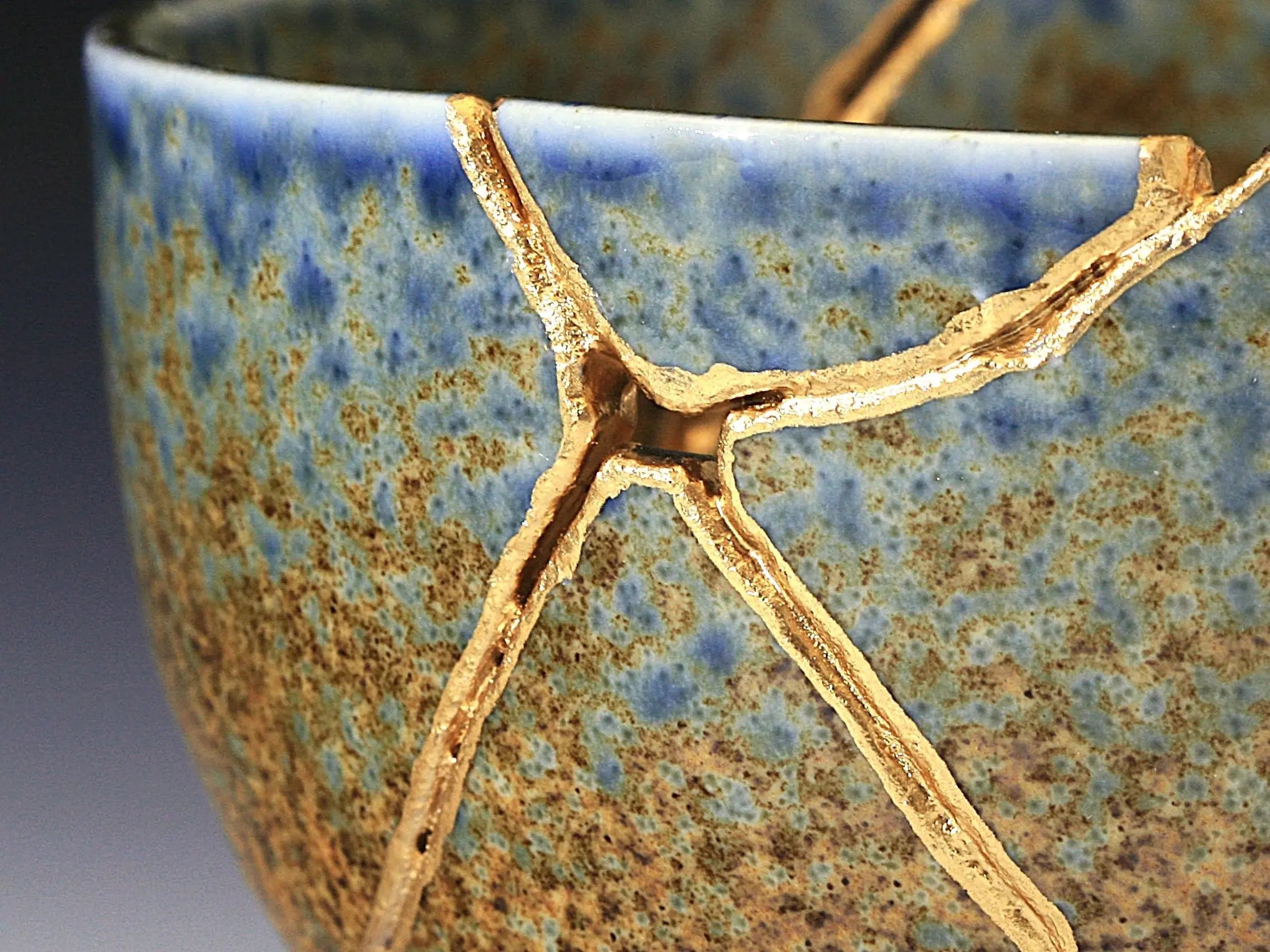 Large Brown and Blue Kintsugi Bowl