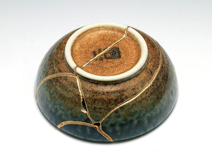 Medium Brown and Blue Kintsugi Bowl