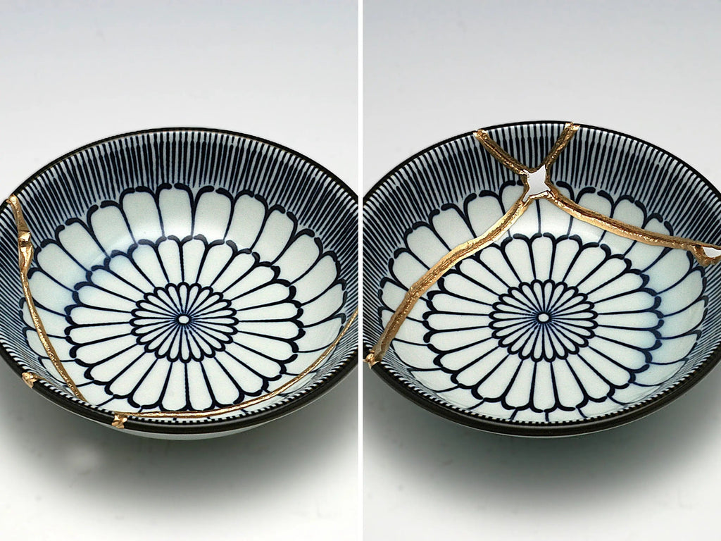 Small Blue and White Kintsugi Plate with Pattern