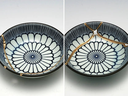 Small Blue and White Kintsugi Plate with Pattern