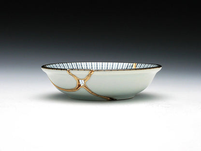 Small Blue and White Kintsugi Plate with Lines