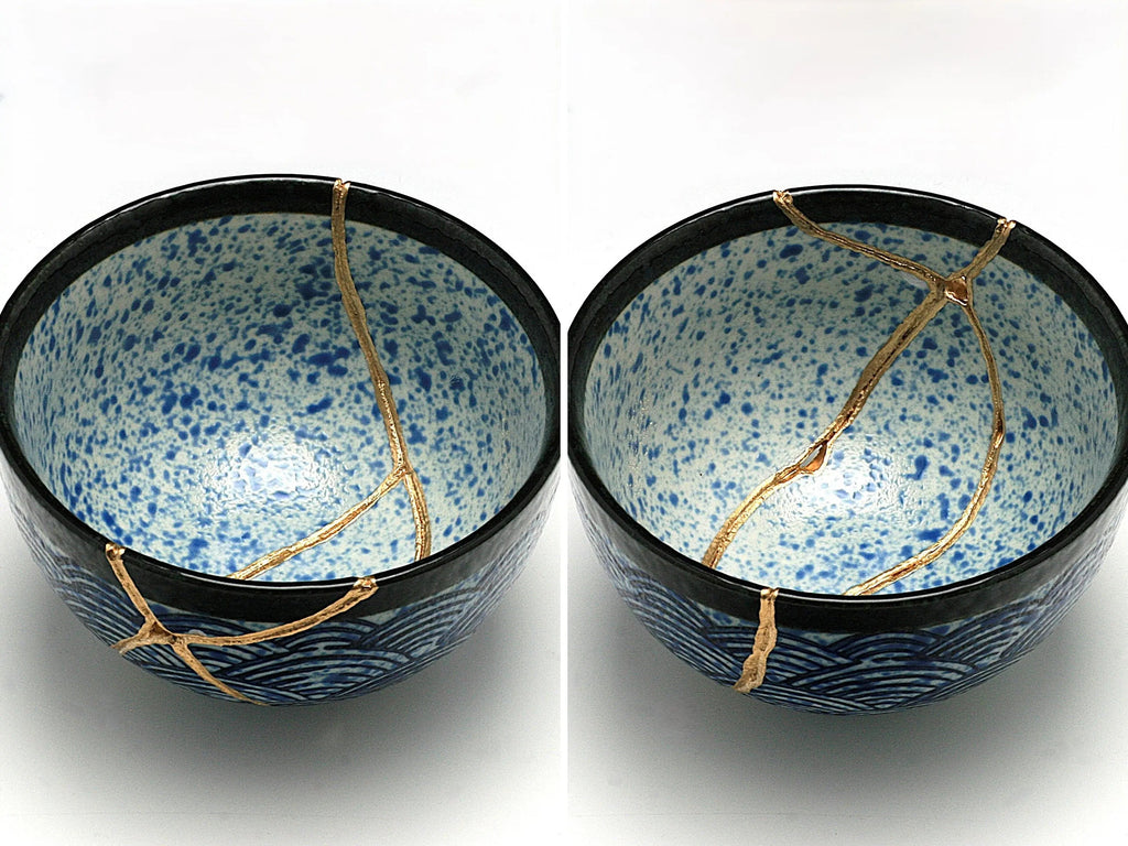 Medium Blue and White Kintsugi Bowl with Aranami Pattern