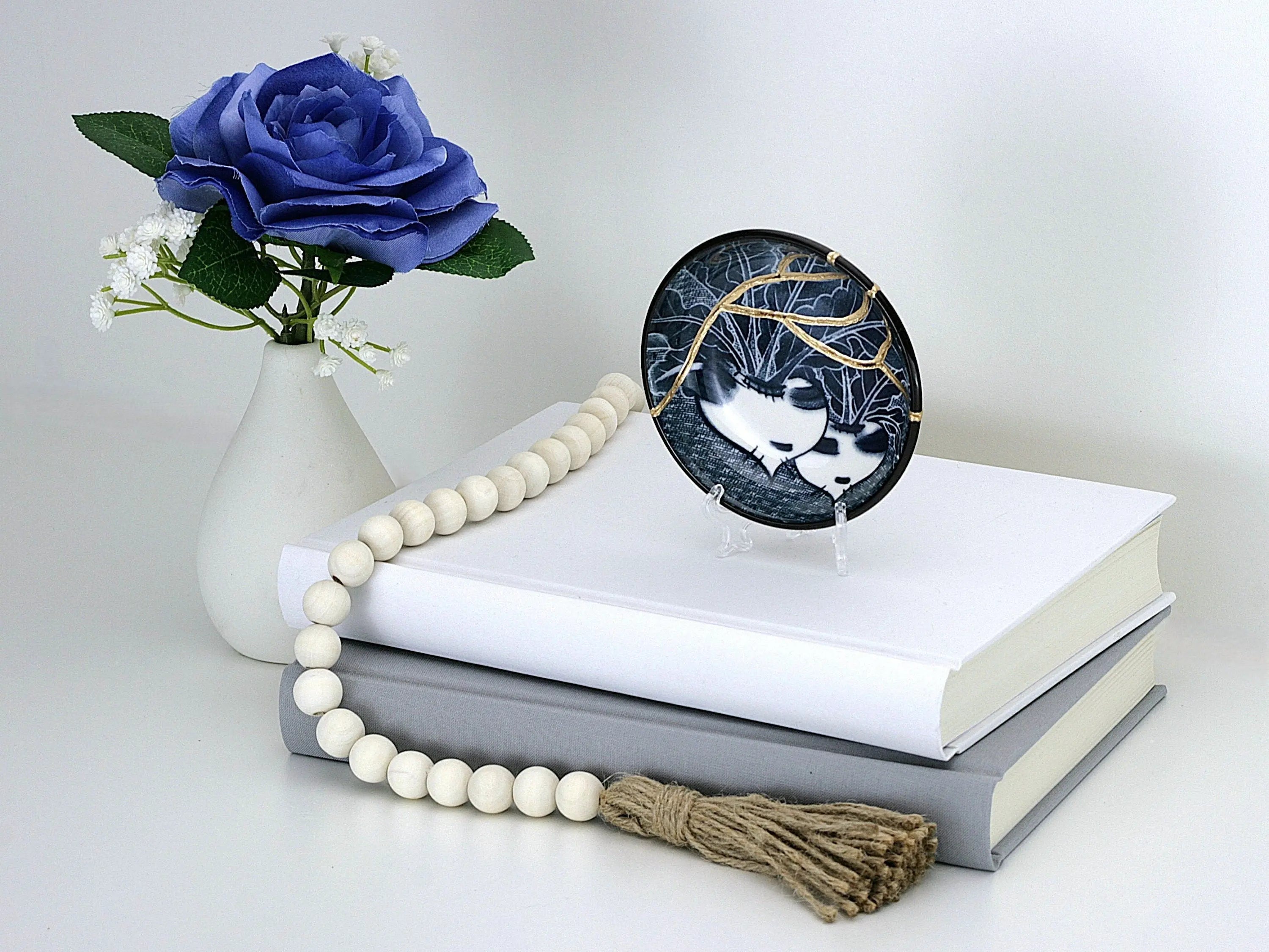 Small Blue and White Kintsugi Plate with Radish Image
