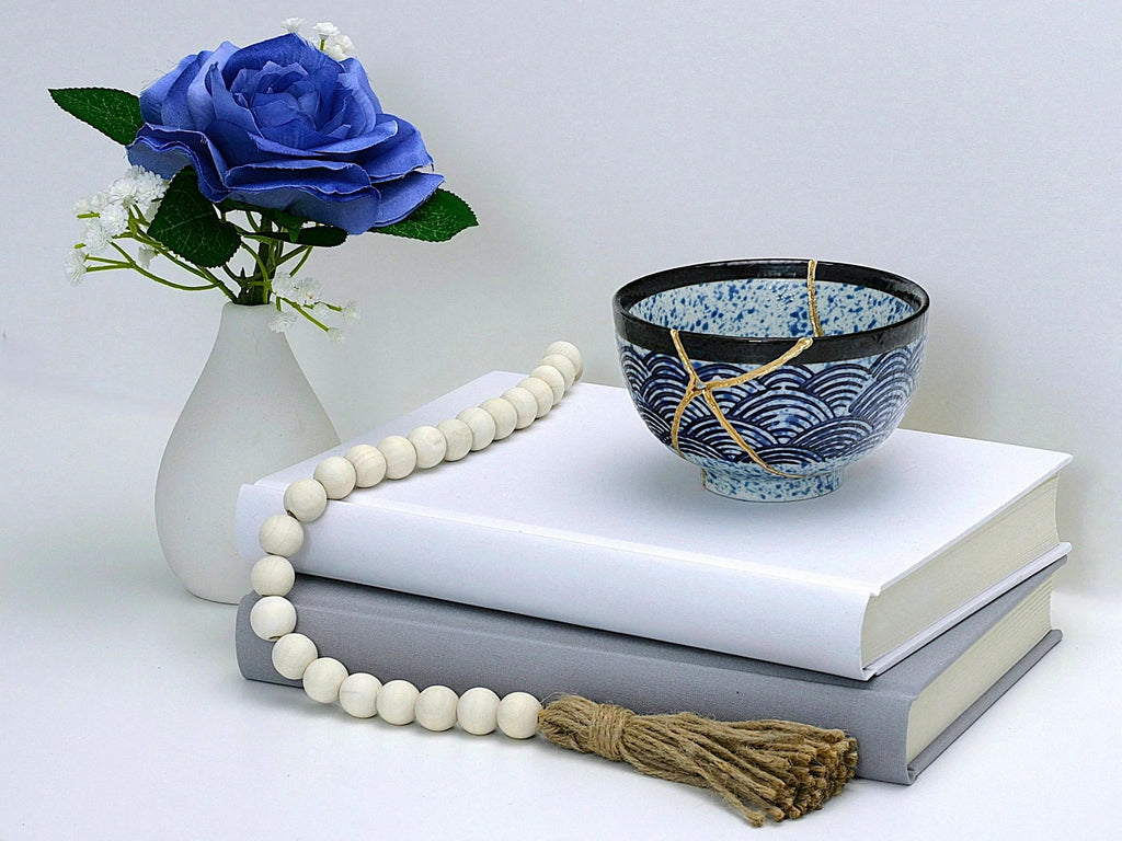 Medium Blue and White Kintsugi Bowl with Aranami Pattern
