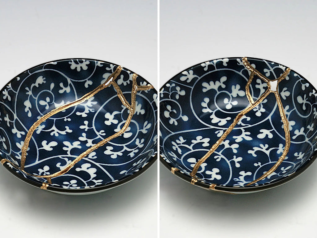 Small Blue and White Kintsugi Plate with Vines
