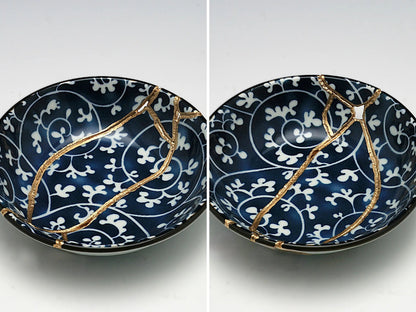 Small Blue and White Kintsugi Plate with Vines
