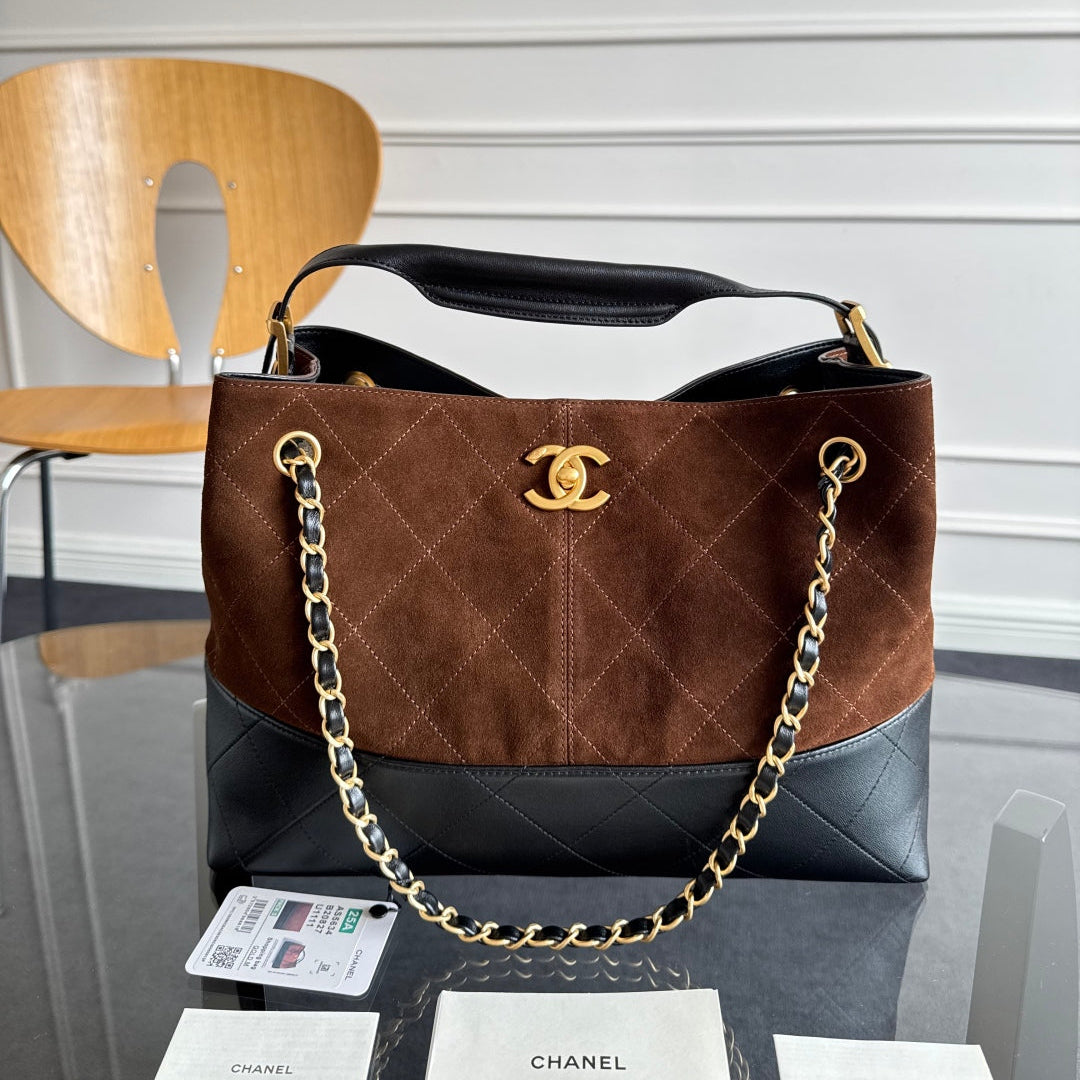 CC 25A Small Tote 36cm Chocolate Brown Suede Black Calfskin