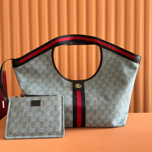 GG Giglio 26 Detachable Clutch Tote Bag 60cm Light Blue Canvas Light Gold Hardware