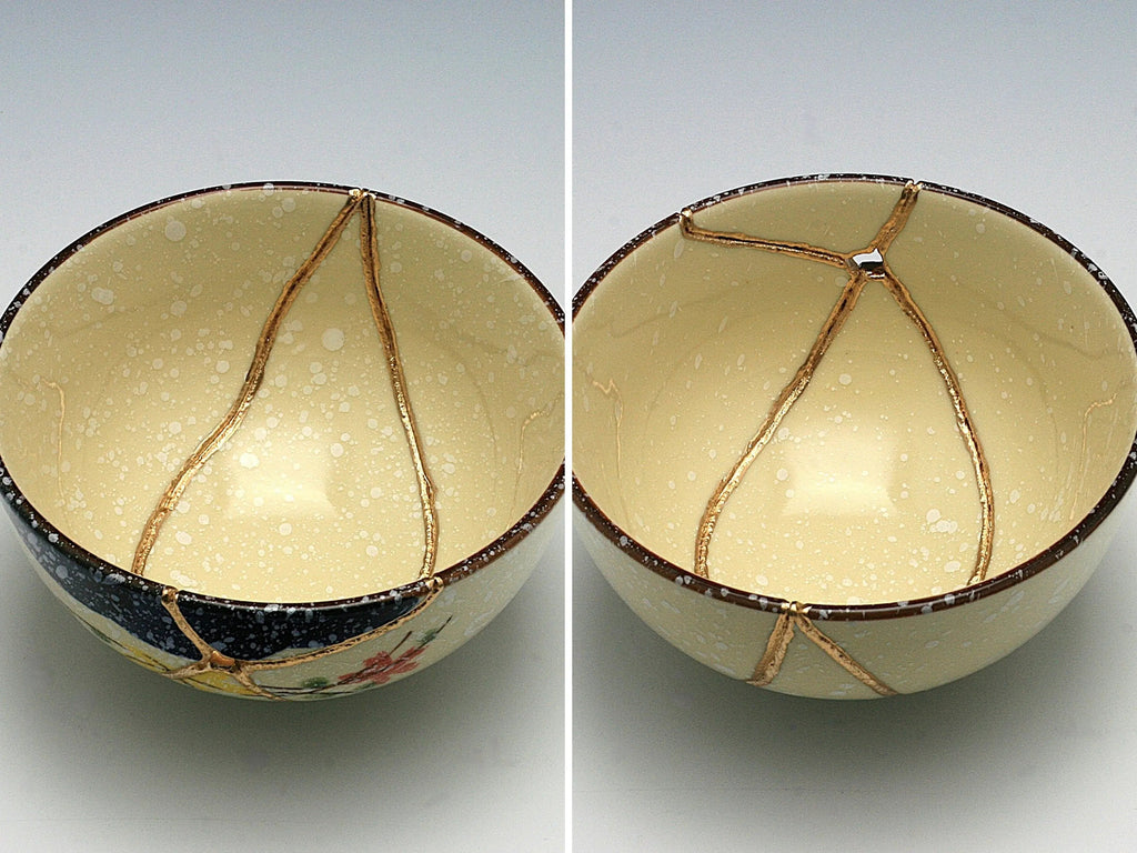 Medium Beige Kintsugi Bowl with Red and Yellow Flowers