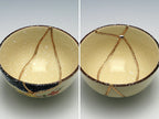 Medium Beige Kintsugi Bowl with Red and Yellow Flowers