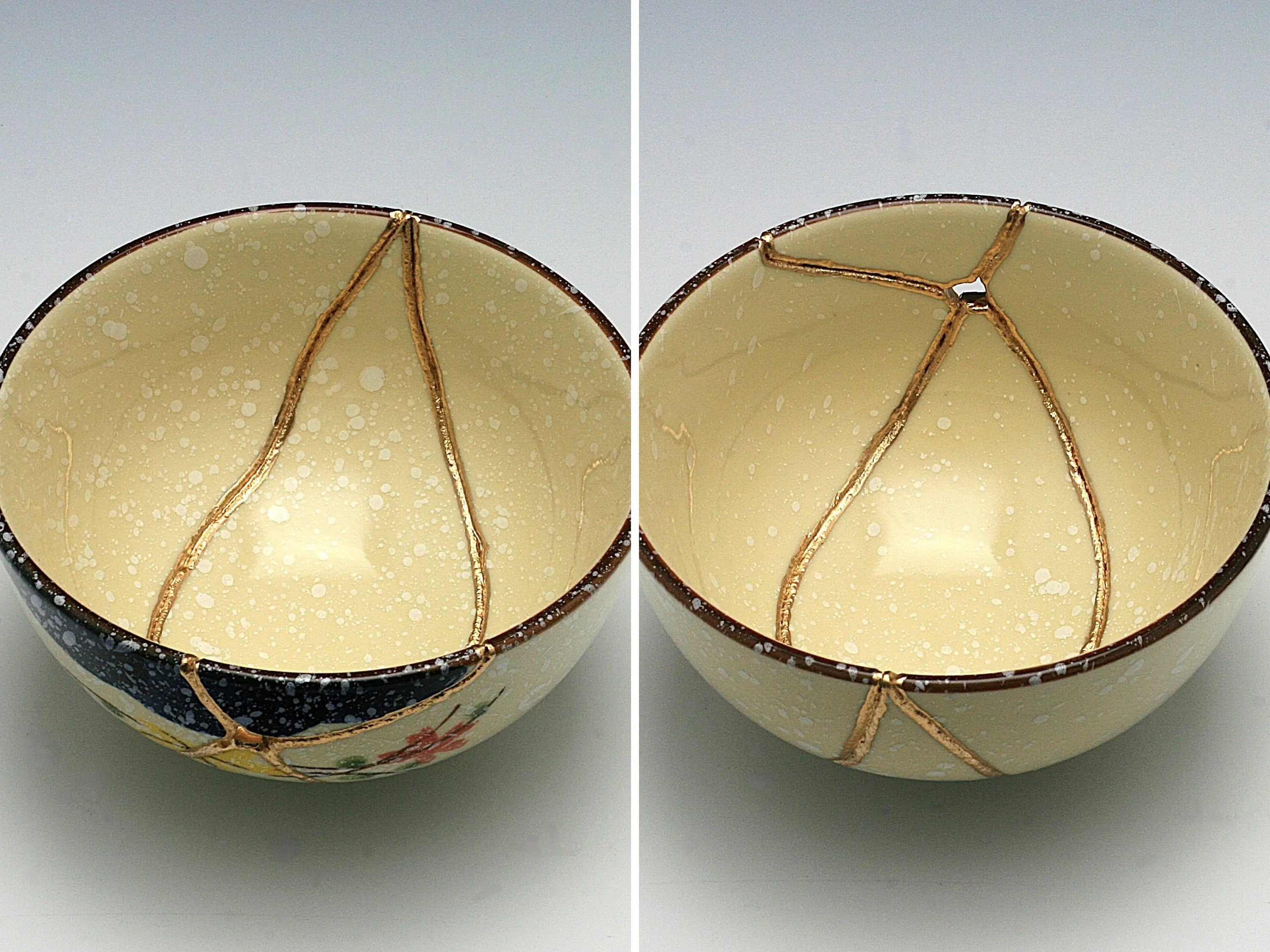 Medium Beige Kintsugi Bowl with Red and Yellow Flowers
