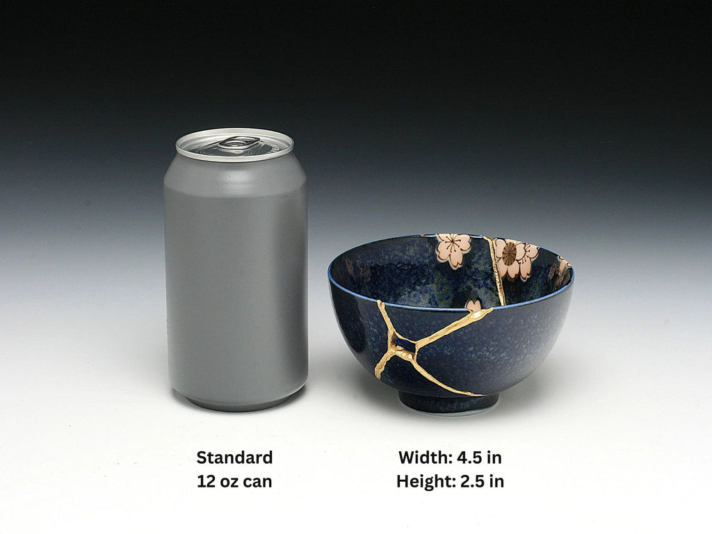 Medium Dark Blue Kintsugi Bowl with Sakura Pattern