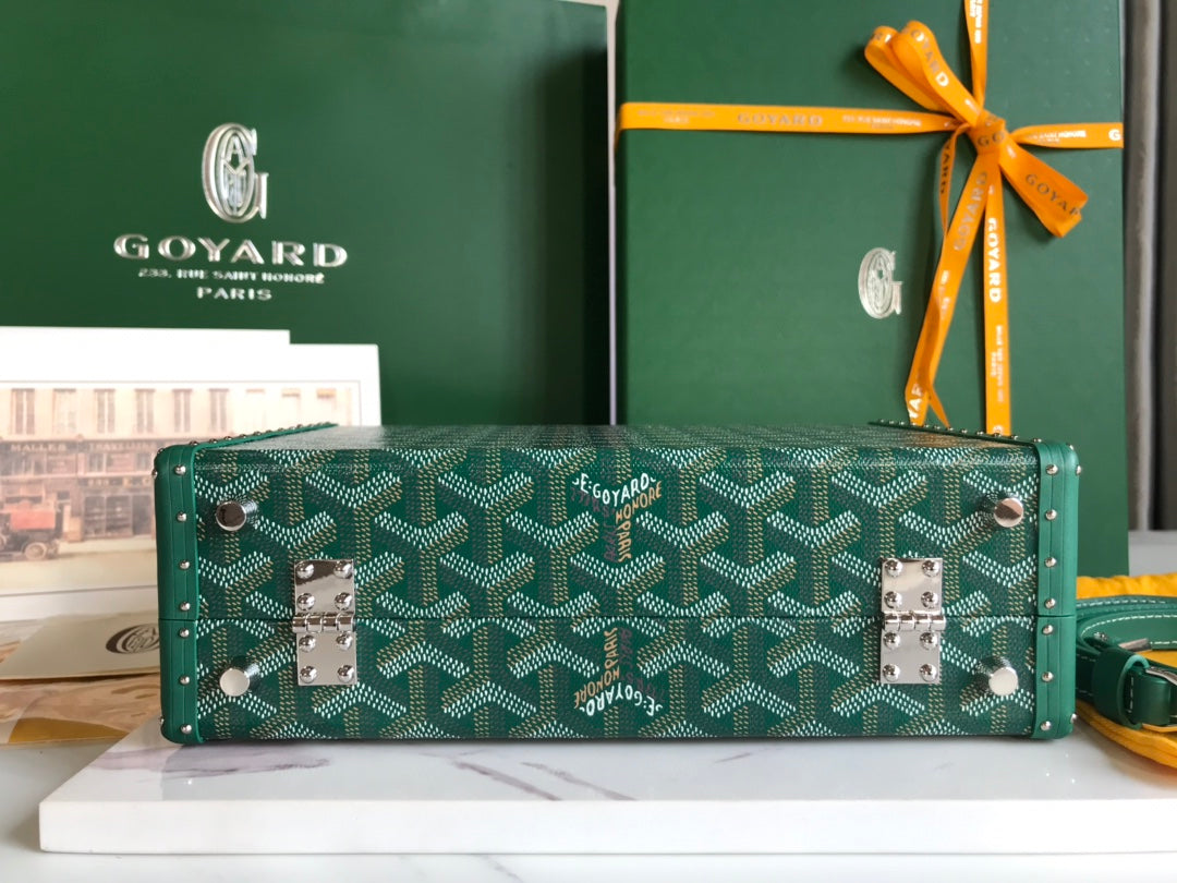 GRAND H_TEL TRUNK BAG 24 IN GREEN GOYARDINE CANVAS AND CALFSKIN