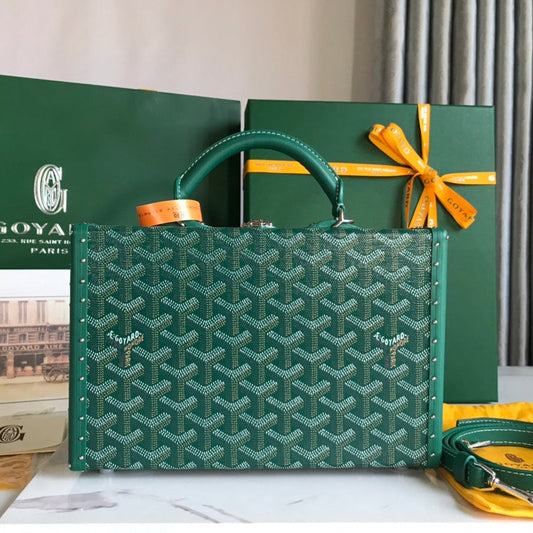 GRAND H_TEL TRUNK BAG 24 IN GREEN GOYARDINE CANVAS AND CALFSKIN