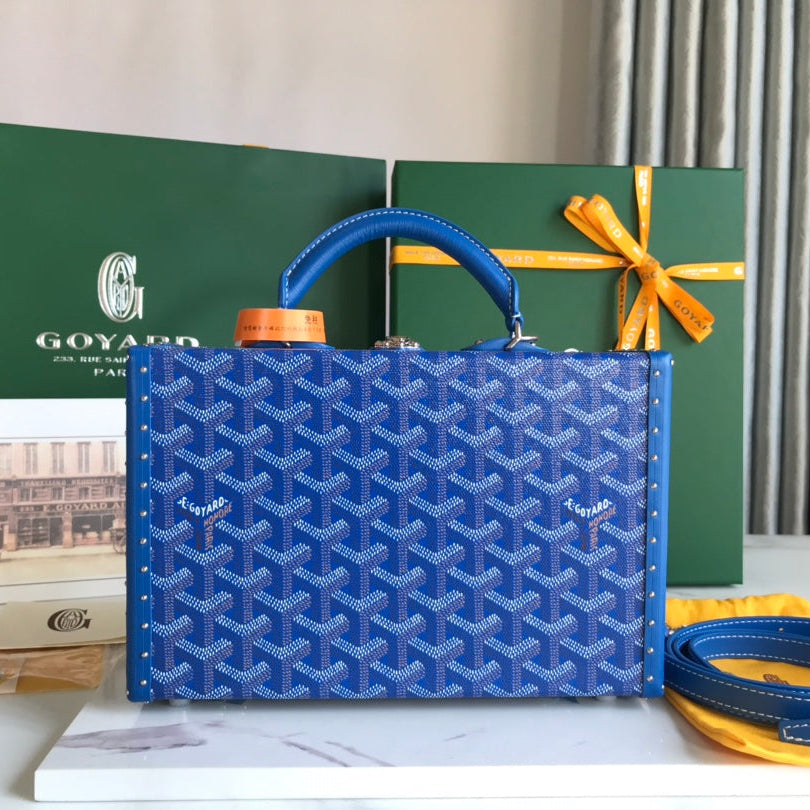 GRAND H_TEL TRUNK BAG 24 IN BLUE GOYARDINE CANVAS AND CALFSKIN