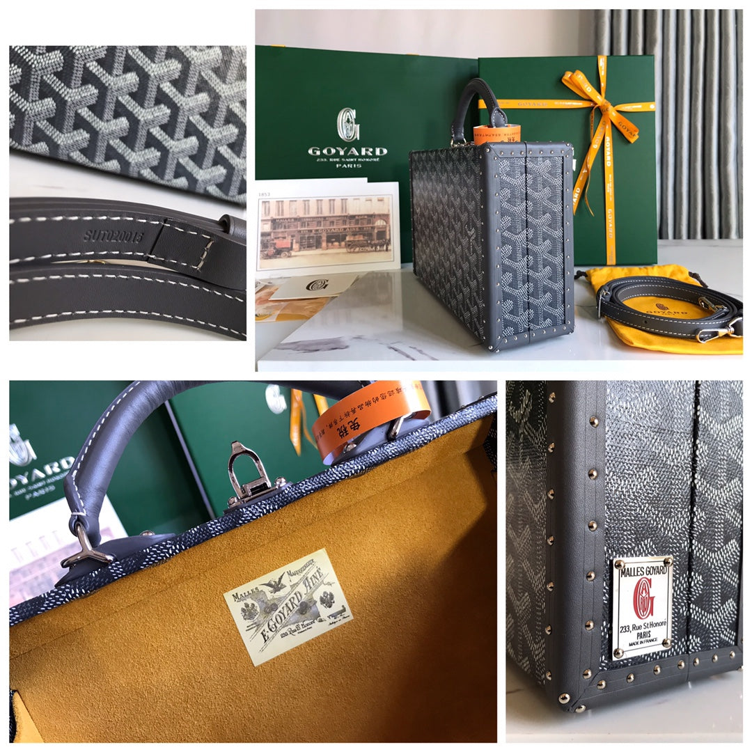 GRAND H_TEL TRUNK BAG 24 IN GREY BLACK GOYARDINE CANVAS AND CALFSKIN