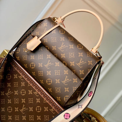CLUNY MM HANDBAG 28 IN BROWN MONOGRAM CALFSKIN BEIGE BLACK EMBROIDERED LOGO CANVAS