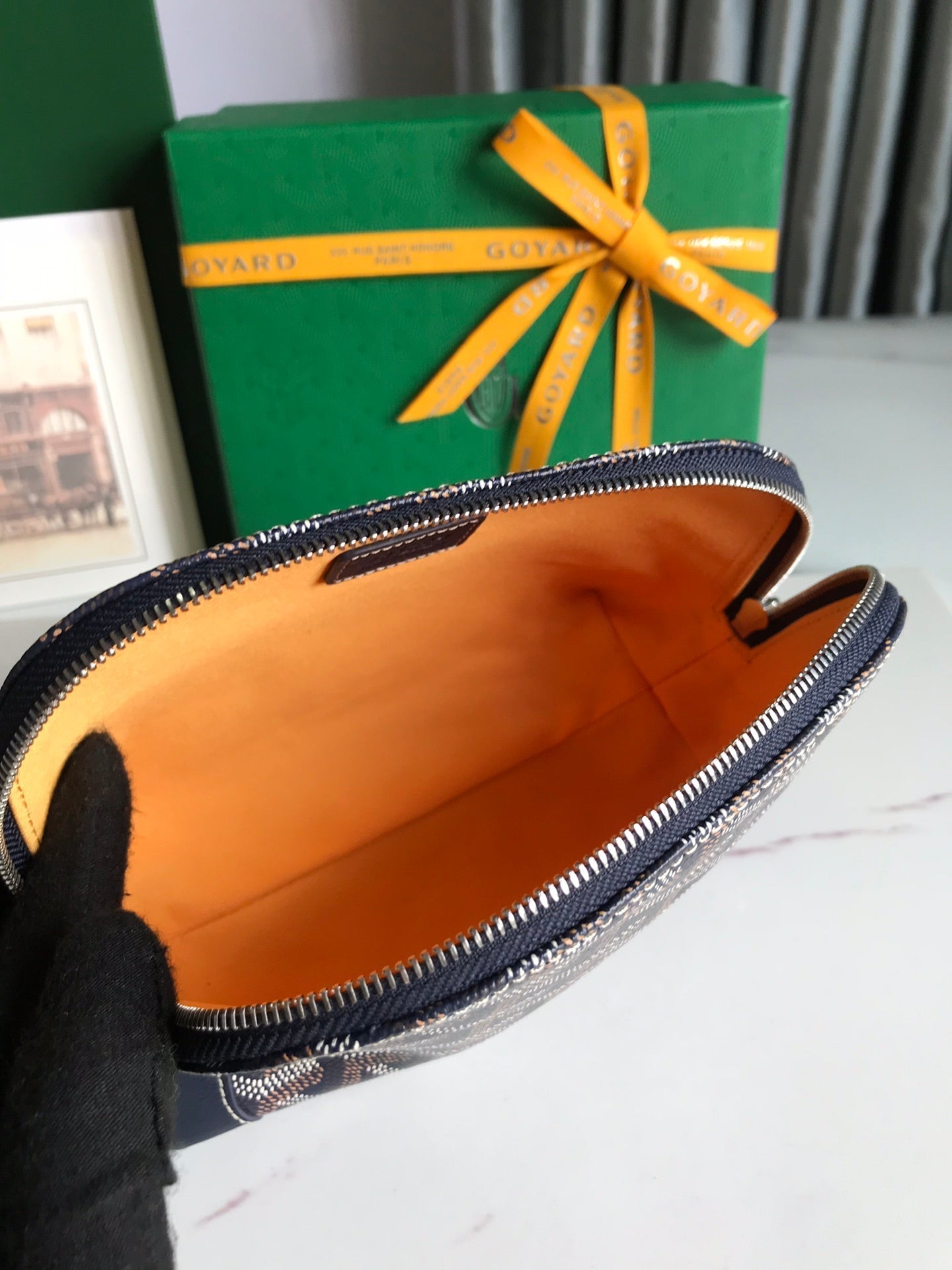 VEND_ME COSMETIC POUCH 17 IN NAVY BLUE GOYARDINE CANVAS AND CALFSKIN TRIM