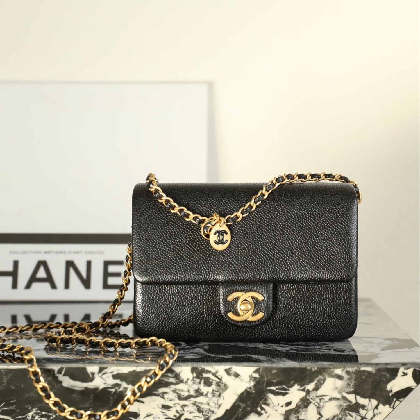 CC Caviar Flap Bag 17.5 Gold Logo Black Calfskin