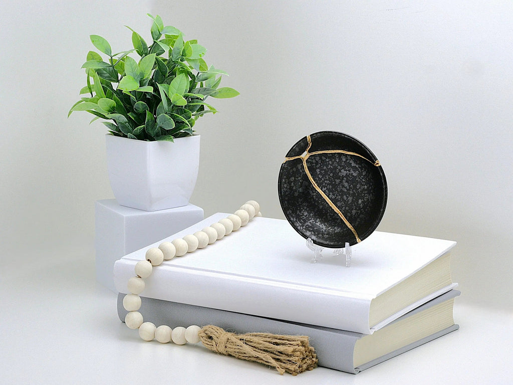 Small Black Kintsugi Plate with Texture