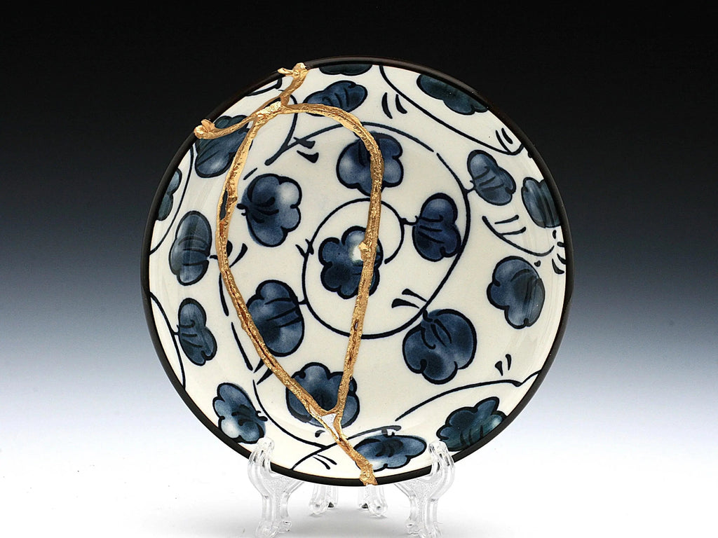 Small Blue and White Kintsugi Plate with Leaves