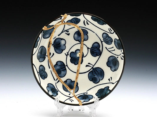 Small Blue and White Kintsugi Plate with Leaves