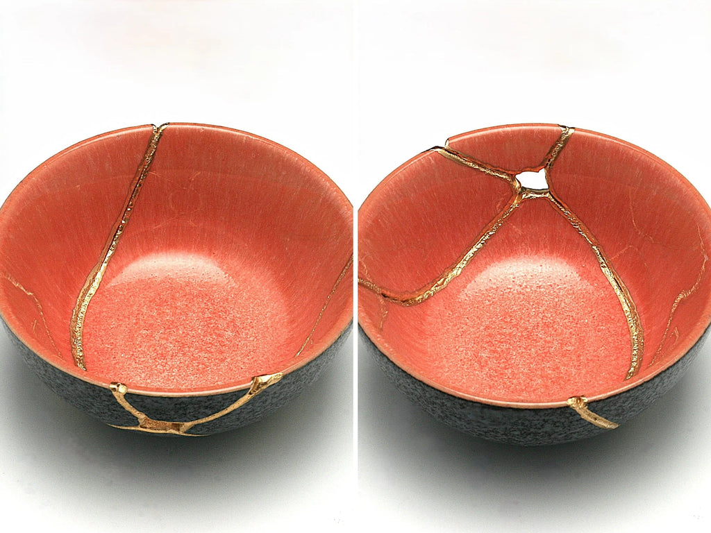 Small Salmon and Gray Kintsugi Bowl