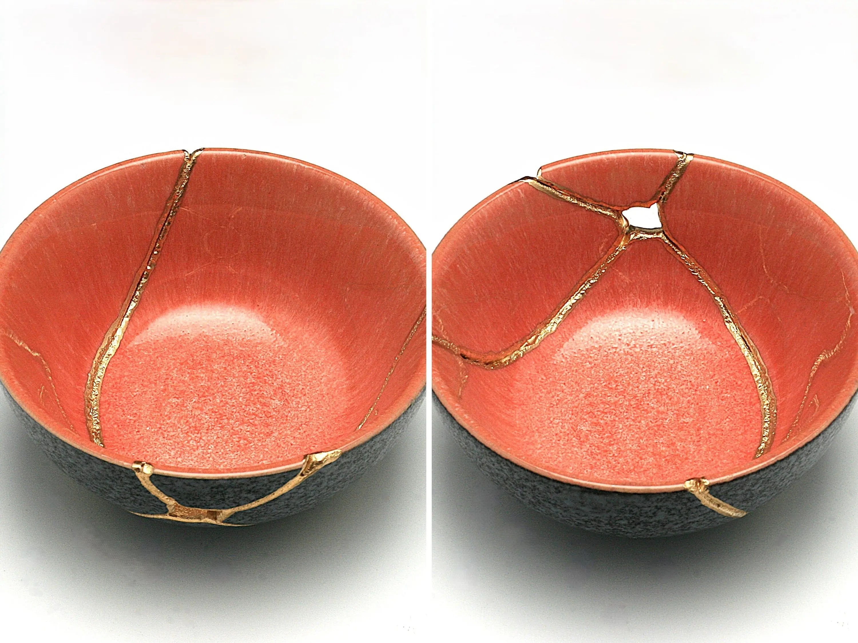 Small Salmon and Gray Kintsugi Bowl