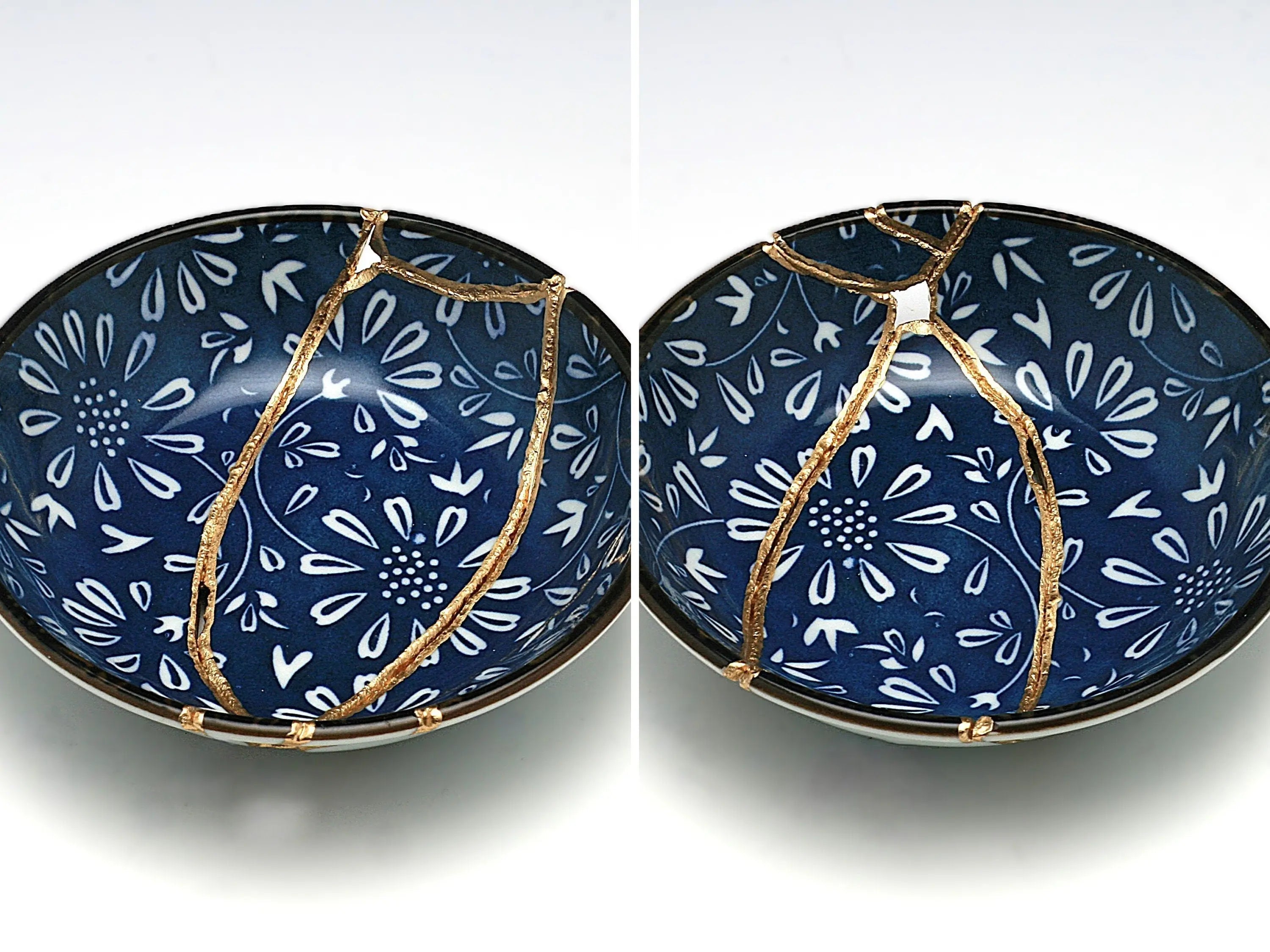 Small Blue and White Kintsugi Plate with Flowers