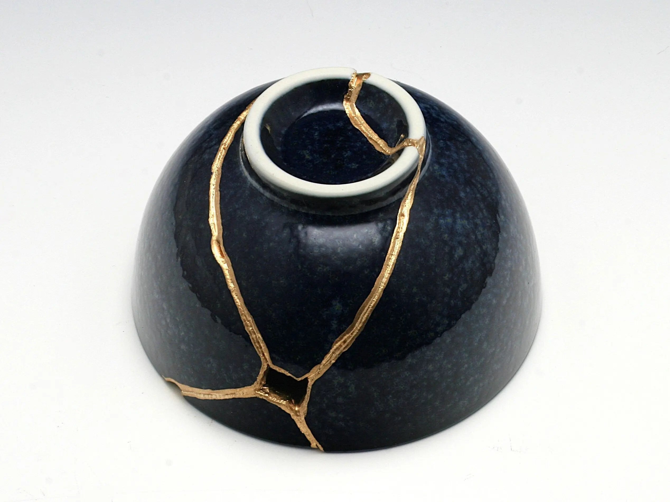 Medium Dark Blue Kintsugi Bowl with Sakura Pattern