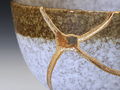 Medium Brown and White Kintsugi Bowl with Texture