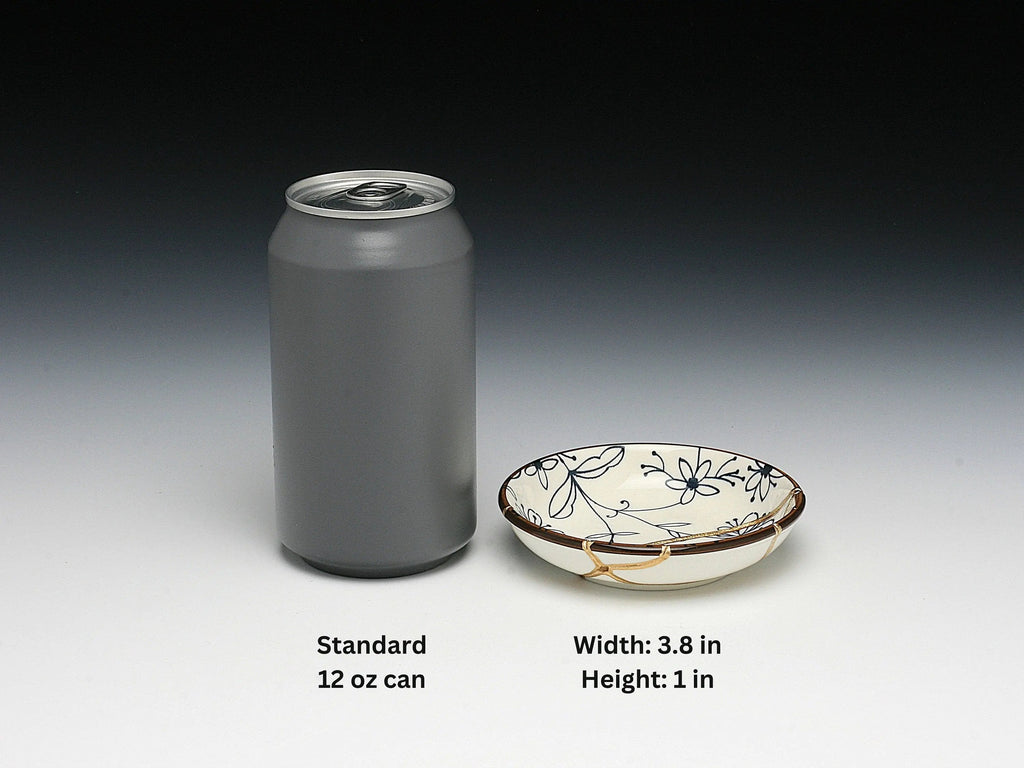 Small Blue and White Kintsugi Plate with Flower Images