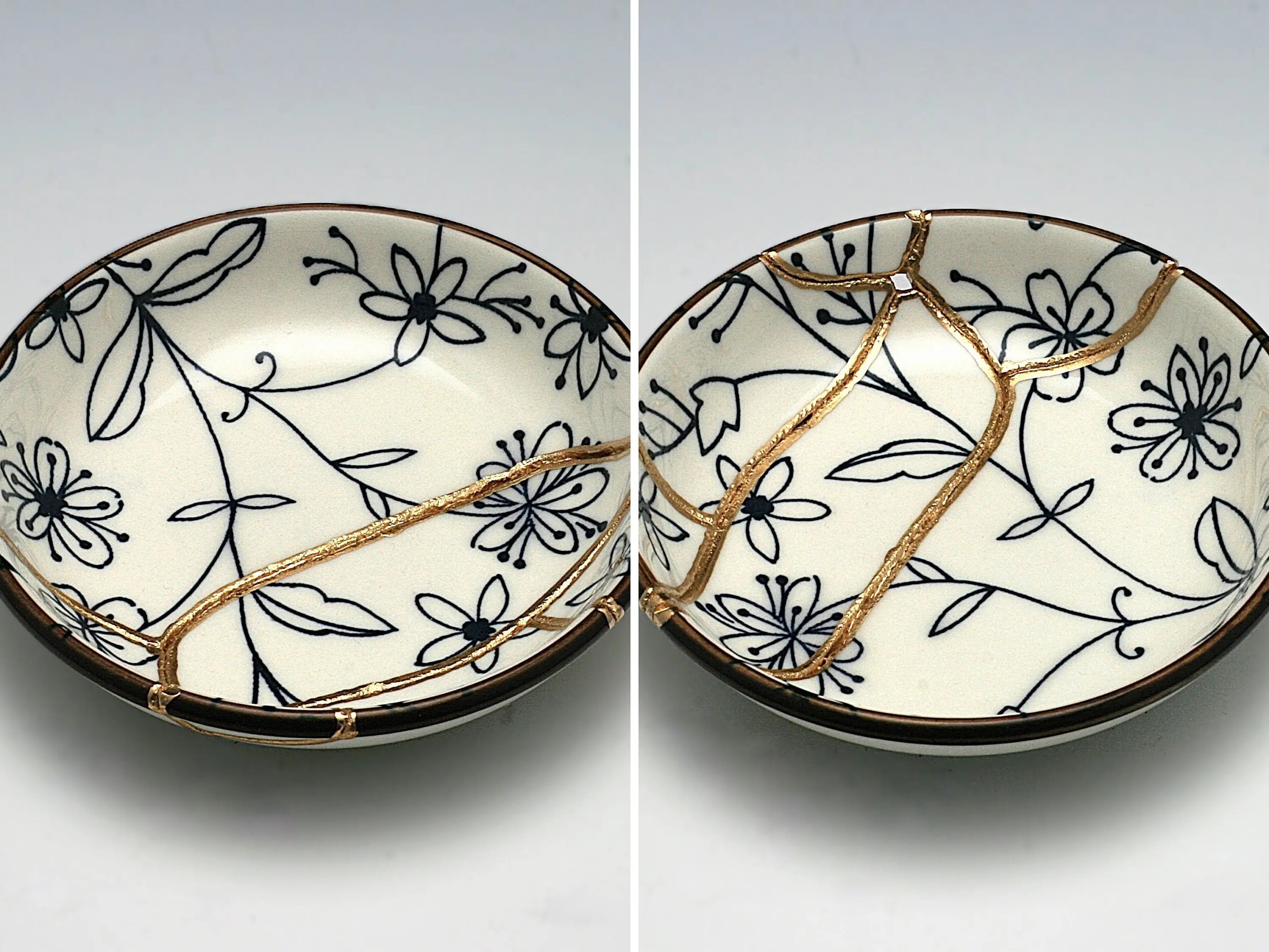 Small Blue and White Kintsugi Plate with Flower Images