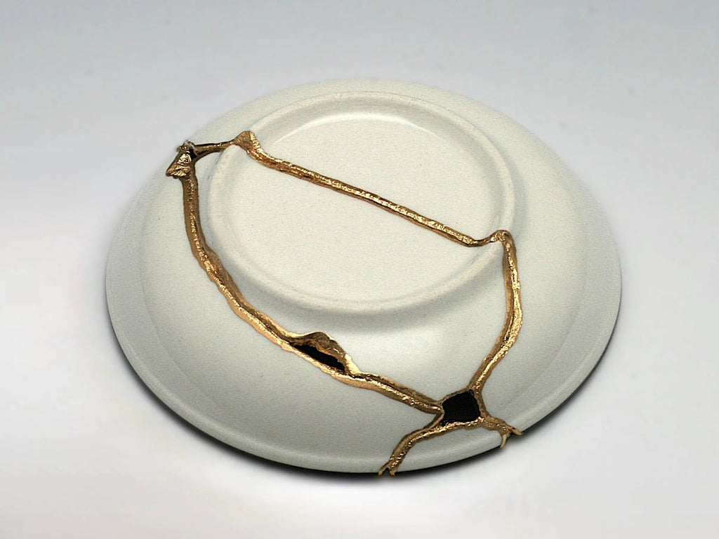 Small Blue and White Kintsugi Plate with Leaves