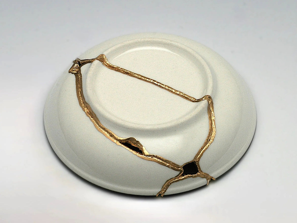 Small Blue and White Kintsugi Plate with Leaves