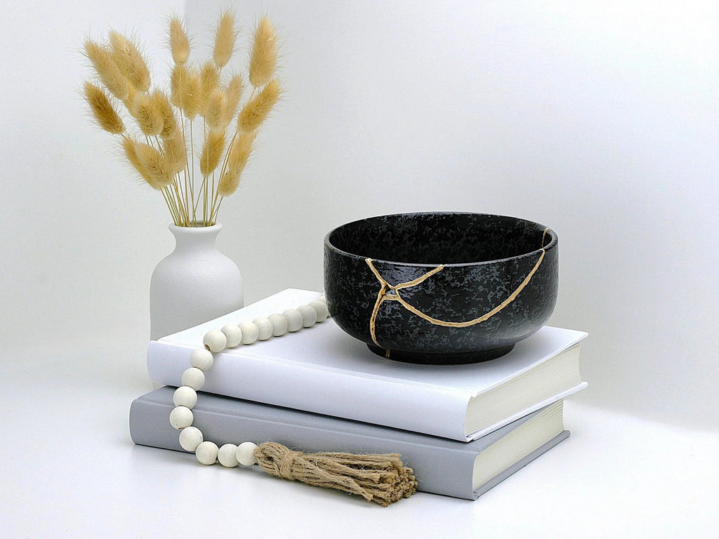 Large Black Textured Kintsugi Bowl