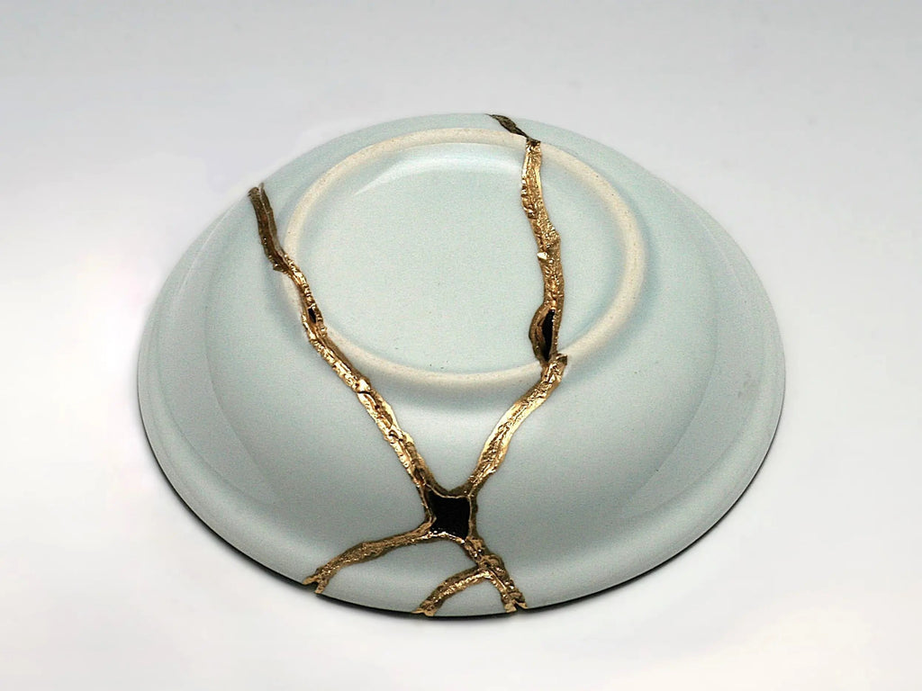 Small Blue and White Kintsugi Plate with Flowers